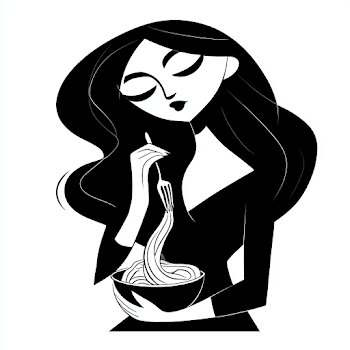 Stylized Black and White Illustration of a Girl Eating Noodles