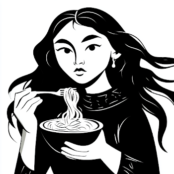 Stylized Black and White Illustration of a Kyrgyz Girl Eating Noodles
