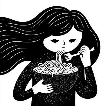 Stylized Black and White Illustration of a Kyrgyz Girl Eating Noodles