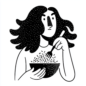 Stylized Black and White Illustration of a Kyrgyz Girl Eating Noodles