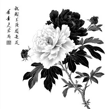 Stylized Black and White Peony Floral Design
