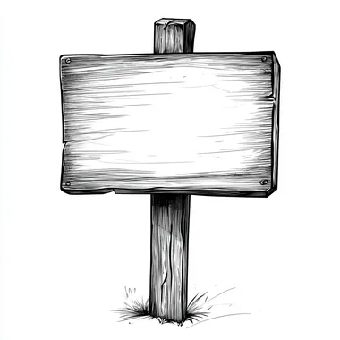 Stylized Black and White Wooden Sign Line Drawing