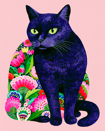 Stylized Black Cat with Floral Background