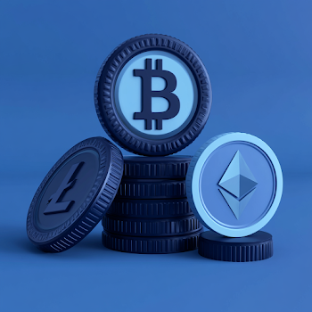 Stylized Cryptocurrency Coins on Blue Surface
