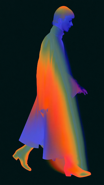 Stylized Figure Walking - Vibrant Colors on Black Background
