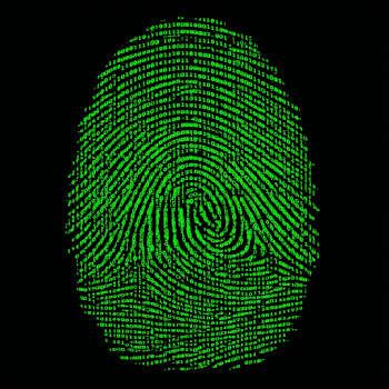 Stylized Green Fingerprint Icon with Matrix Code