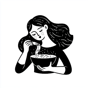 Stylized Illustration of a Kyrgyz Girl Enjoying Noodles