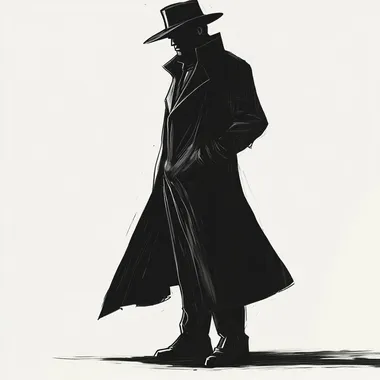 Stylized Male Spy in Trench Coat and Hat in Noir Urban Setting