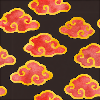 Stylized Red Clouds Pattern with Gold Outlines