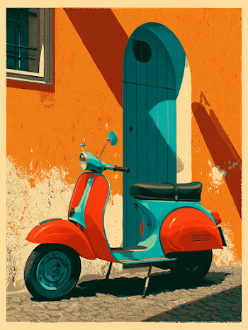 Stylized Retro Travel Poster with Classic Scooter