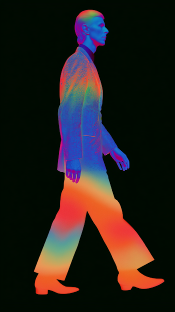 Stylized Walking Figure Against Black Background