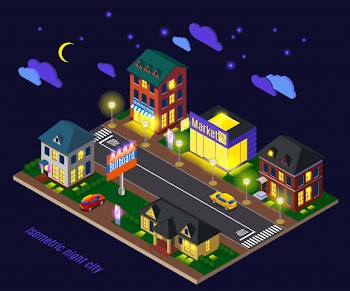 Suburb with luminous houses at night Free Vector