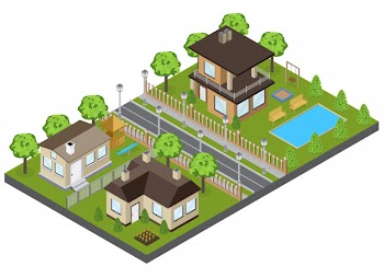 Suburbia area buildings with town houses and cottages isometric Free Vector