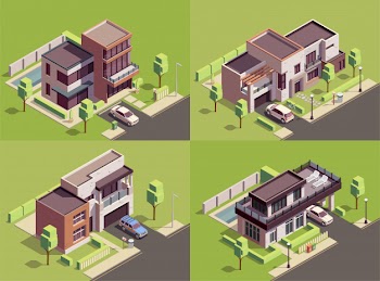 Suburbian buildings isometric 2x2 compositions set with four landmarks residential yards landscapes with modern villa houses Free Vector
