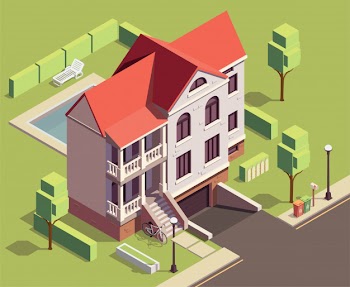 Suburbian buildings isometric composition with outdoor scenery and two-storey living house with yard and trees Free Vector