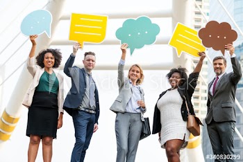 Successful business people with speech bubbles