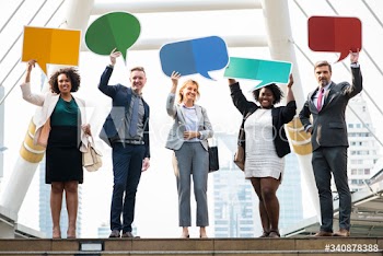 Successful business people with speech bubbles