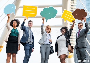 Successful business people with speech bubbles