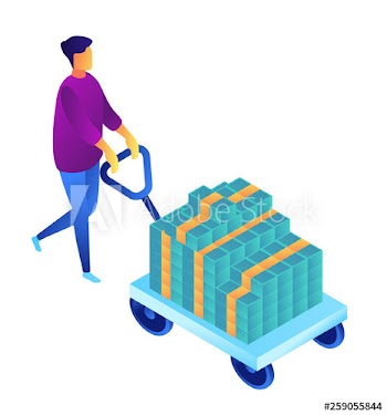 Successful businessman pushing a cart with cash money, tiny people isometric 3D illustration