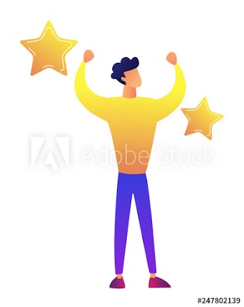 Successful businessman with hands up and golden stars vector illustration