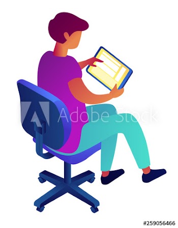 Successful businessman working on tablet sitting on chair, tiny people isometric 3D illustration