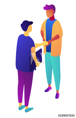 Successful businessmen shaking hands, tiny people isometric 3D illustration
