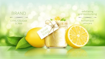 Sugar scrub with lemon, cosmetics for smooth skin, realistic ads poster Free Vector