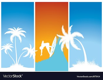 Summer banners with palm trees and surfer vector image