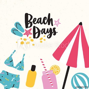 Summer card template with fruit cocktail, umbrella, swimsuit, flip flops, tanning oil, sunglasses and Beach Days phrase on light background