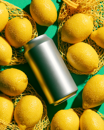Summer Citrus soda can mockup with Fresh Lemons