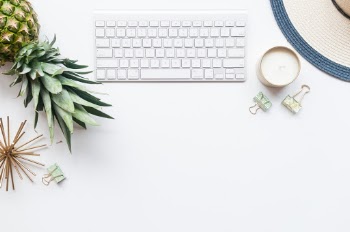 Summer desk top, flat lay