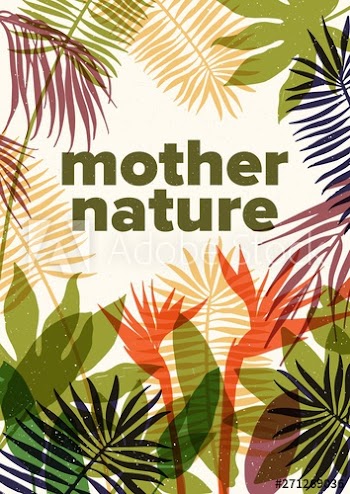 Summer flyer, poster or postcard template with translucent foliage of exotic plants and trees growing in tropical rainforest or jungle and Mother Nature text