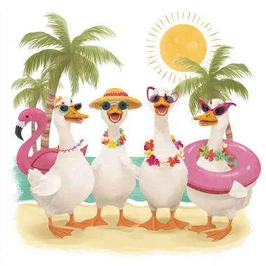Summer Fun: Cartoon Geese on Tropical Beach Summer Fun: Cartoon Geese on Tropical Beach