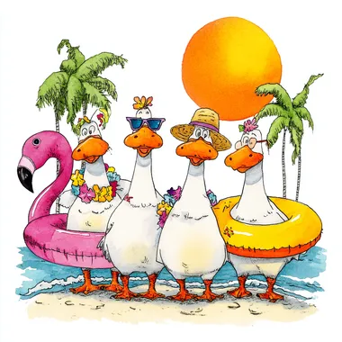 Summer Fun with Cartoon Geese on a Tropical Beach Summer Fun with Cartoon Geese on a Tropical Beach