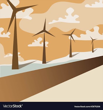 summer landscape with a road and windmills along