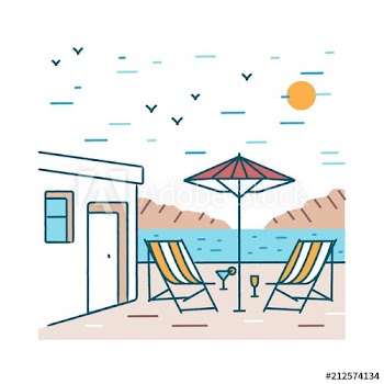 Summer landscape with pair of deck chairs, exotic cocktails and umbrella standing near hotel building against mountains and sea on background