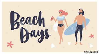 Summer postcard template with woman dressed in beachwear, surfer carrying surfboard and Beach Days text written with cursive calligraphic font