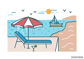 Summer scenery with sunlounger, cocktail and umbrella standing against yacht sailing in sea or ocean, beach and sun on background