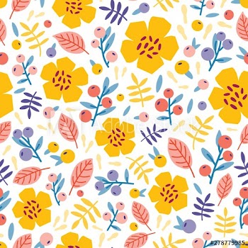 Summer seamless pattern with blooming plants on white background