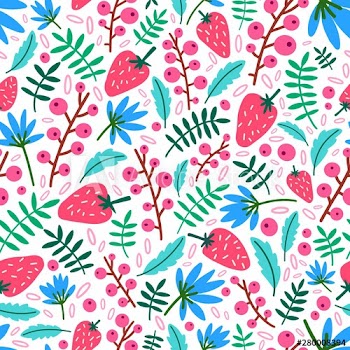 Summer seamless pattern with strawberries, flowers and leaves on white background