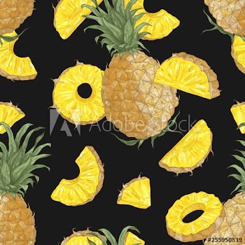 Summer seamless pattern with sweet pineapples, whole and cut into pieces and slices on black background