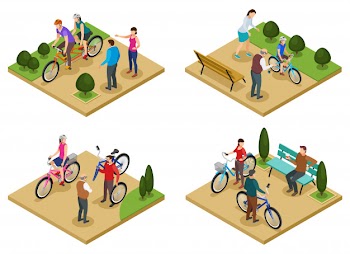 Summer vacation 2x2 design concept set of isometric compositions with people riding bicycles in city park vector illustration Free Vector