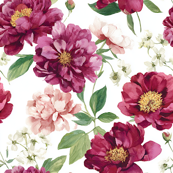 Summer Watercolor Seamless Pattern of Deep Red and Purple Peonies