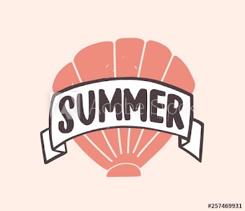 Summer word written with modern funky font on ribbon and decorated by seashell