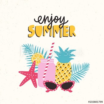 Summertime composition with fresh cocktail, tropical leaves, exotic fruits, starfish, sunglasses and Enjoy Summer inscription isolated on white background