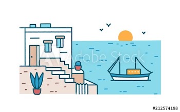 Summertime scenery with beautiful hotel building standing against boat or ship sailing in sea or ocean and setting sun on background