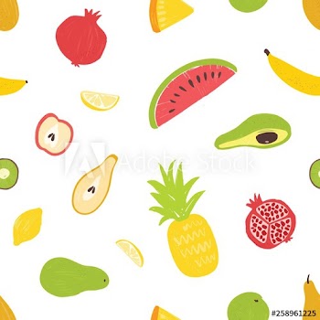 Summertime seamless pattern with exotic fresh juicy fruits on white background