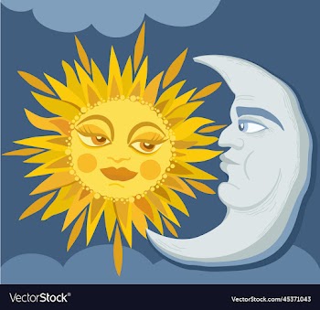 sun and crescent moon with faces