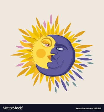 sun and crescent moon with faces
