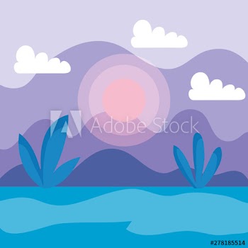 sun with clouds and mountains with nature plants